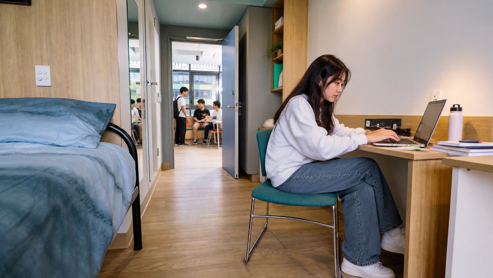 Student working at a desk in a campus-style accommodation room