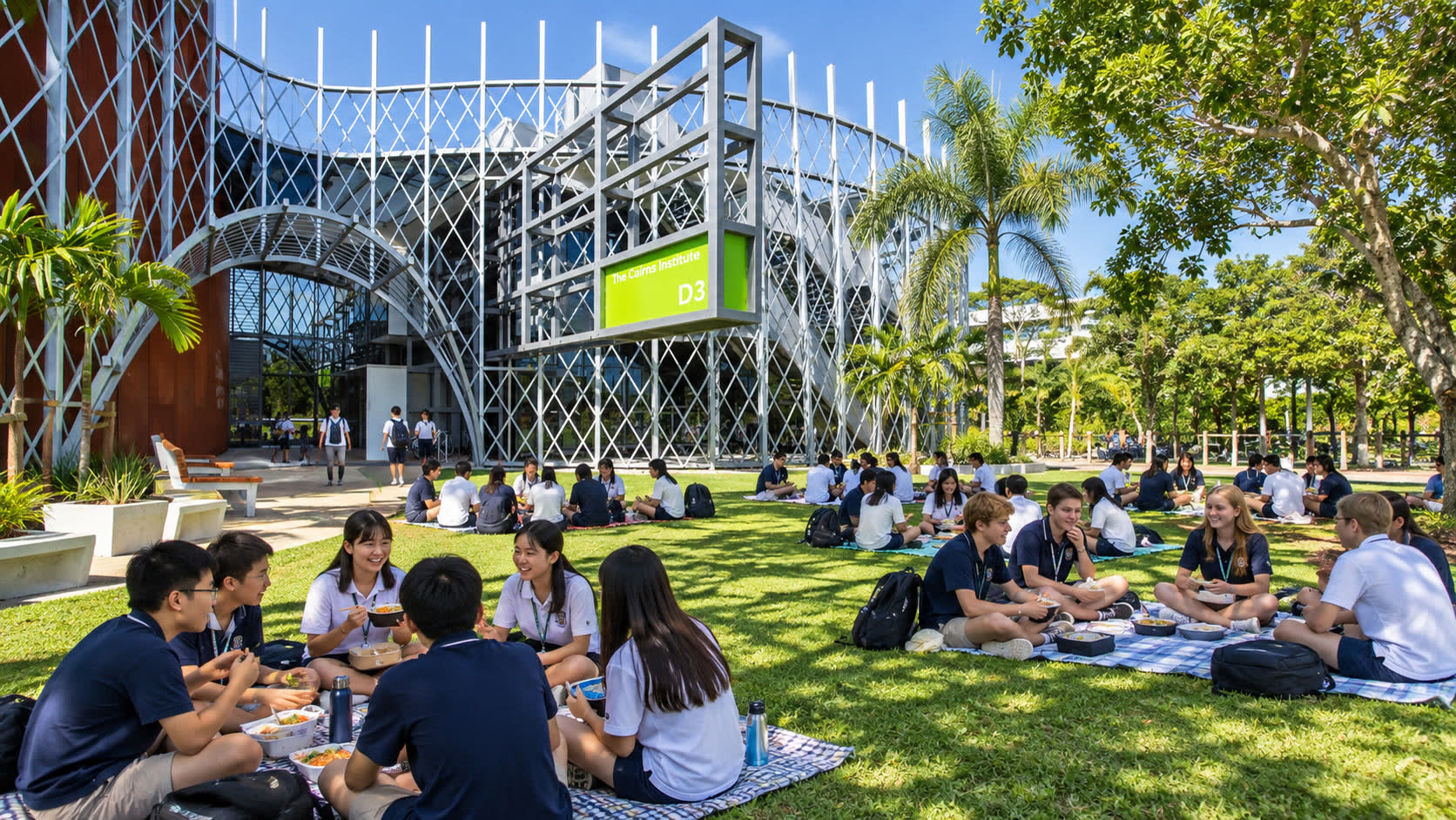 Students sitting on the lawn outside the Cairns Institute